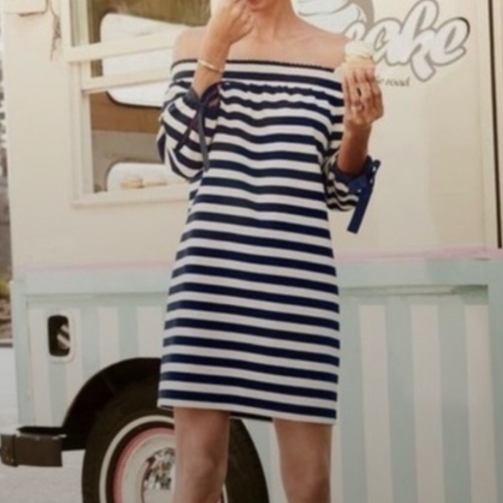 J Crew Navy & White Off the Shoulder Dress